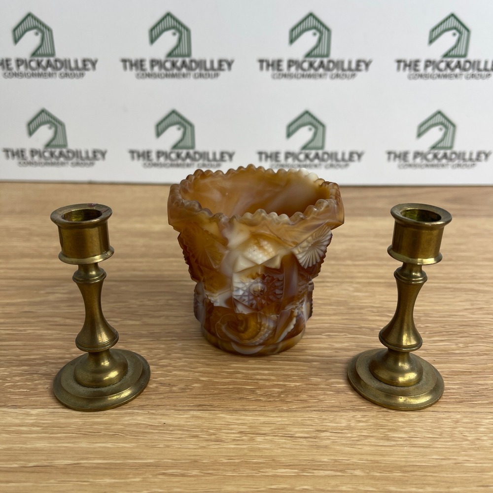 Vintage Denmark Brass Candlestick Pair and Caramel Slag Glass Toothpick Holder